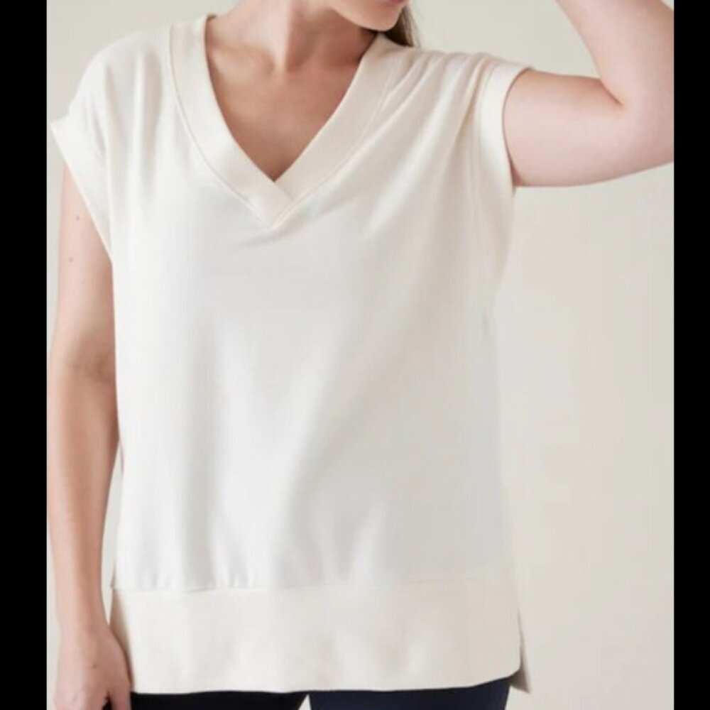 Athleta XL Retroterry V-Neck Sweatshirt Tee Sleeveless Cream Ivory Women's